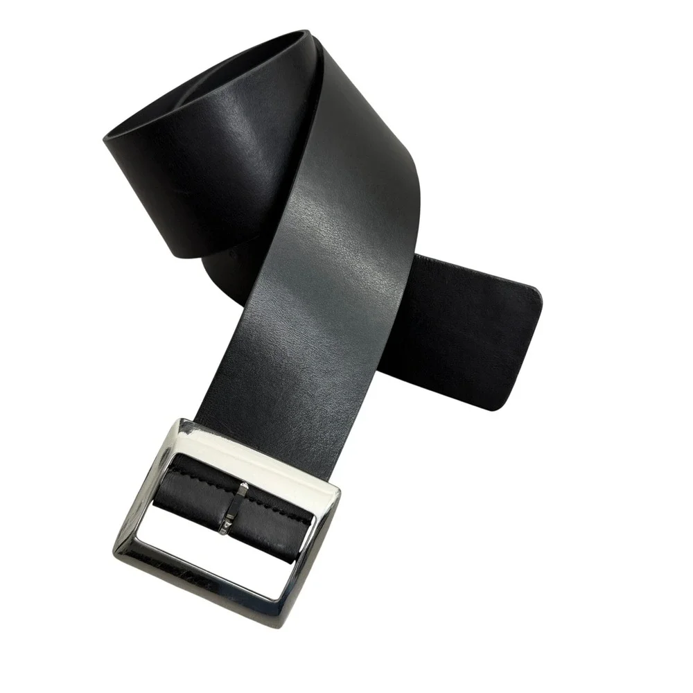 Sportmax Belt Womens 38 Black Leather Wide Strap Silver Buckle Made in Italy
